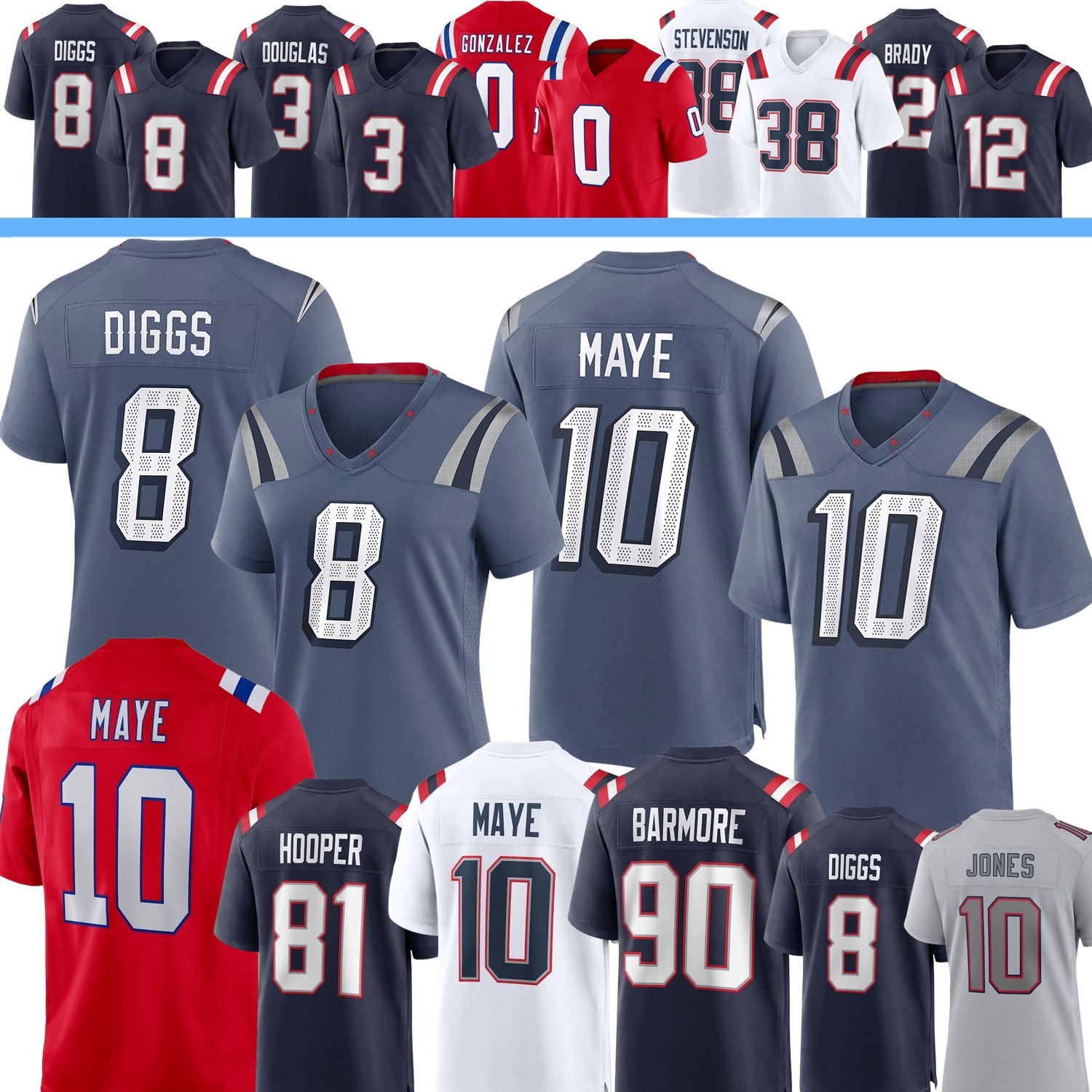 Custom Football Jersey Drake Maye Stefon Diggs Tom Brady TreVeyon Henderson Gonzalez Randy Moss Dugger Barmore Henry Stevenson Landry Douglas