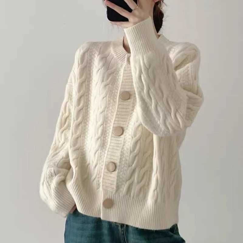 Korean Fashion Long Sleeve Womens Cardigan Knitted Jacquard Sweater Autumn Winter Solid Single Breasted Loose Versatile Tops Z250905