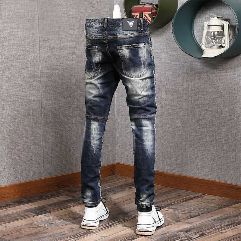 Fashion Streetwear Men Jeans Retro Black Blue Elastic Slim Fit Ripped Jeans Men Spliced Designer Embroidery Hip Hop Denim Pants W250905