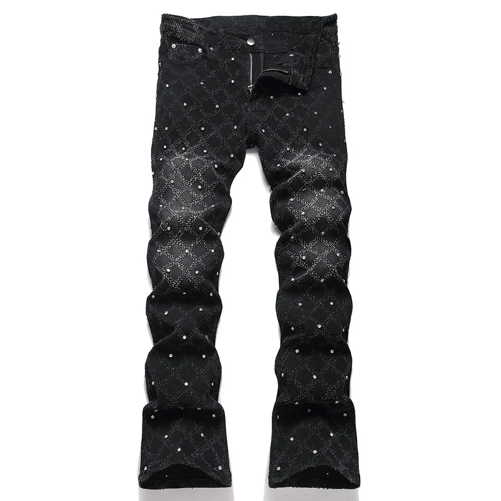 Mens Crystal Boot Cut Jeans Punk Black Stretch Denim Pants Rivet Slim Flared Trousers Fashionable Bootcut Trousers 250905