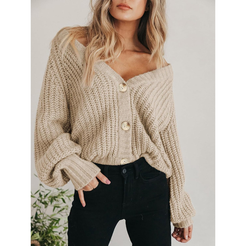 Women's Chunky Knit Open Front Sweater Long Sleeve Button Loose Short Cardigan Outerwear Coats