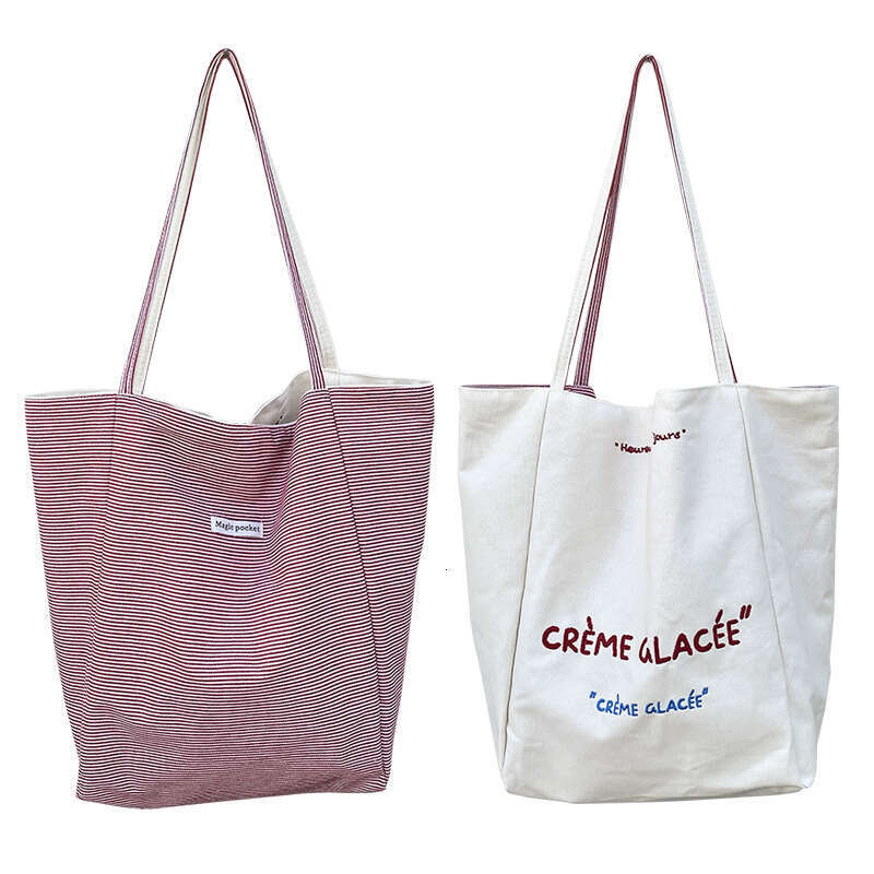 New Reversible Striped Shoulder Large Capacity Tote High-Quality Embroidered Student Canvas Commuter Bag