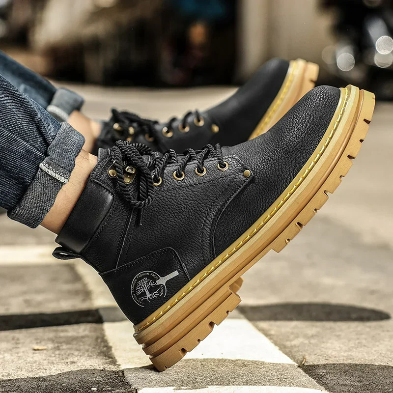 Men Ankle Boots Platform Leather 2025 Fashion Brown Laceup Boot High Top Comfortable Casual Shoes Nonslip Work 250905