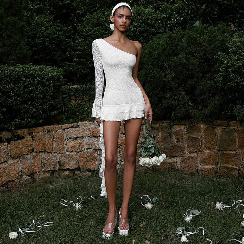 Women's Autumn New Fashion Single Shoulder Ruffle Ribbon Long Sleeve Short Dress