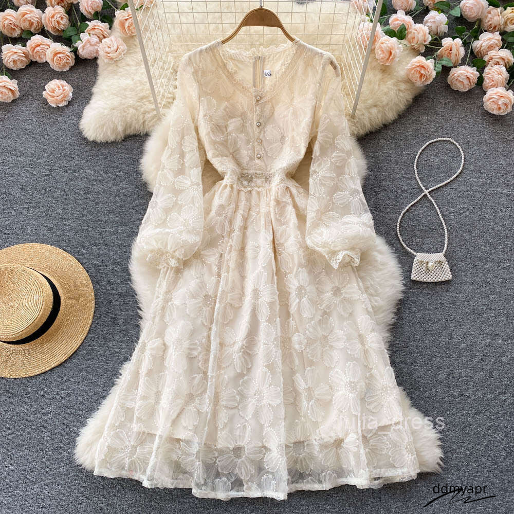 Gentle And Feminine Slim Waist Knee ddmyday Length Long Sleeve First Love A-Line Skirt Elegant Temperament V-Neck Lace Dress ddmyday ddmyday ddmyday d