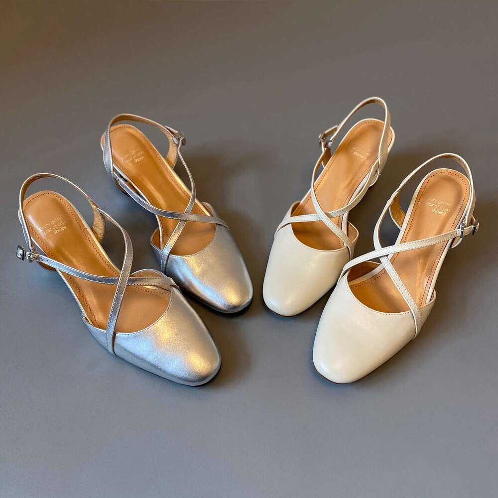 Off-White Cross Strap Backless Sandals for Women Summer Chunky Heel Closed-Toe Mid-Heel Commuter Roman Shoes