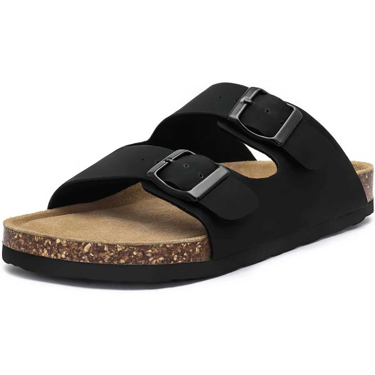Womens Flat Sandals Cork Footbed Slide Sandals Arch Support Slip on Slides with Adjustable Buckle W250905