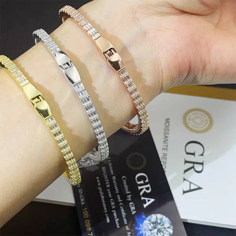 Hip Hop Style 925 Sterling Silver Iced VVS Baguette Moissanite T Square Diamond Cuban Link Bracelet Bangle Set for Women Men