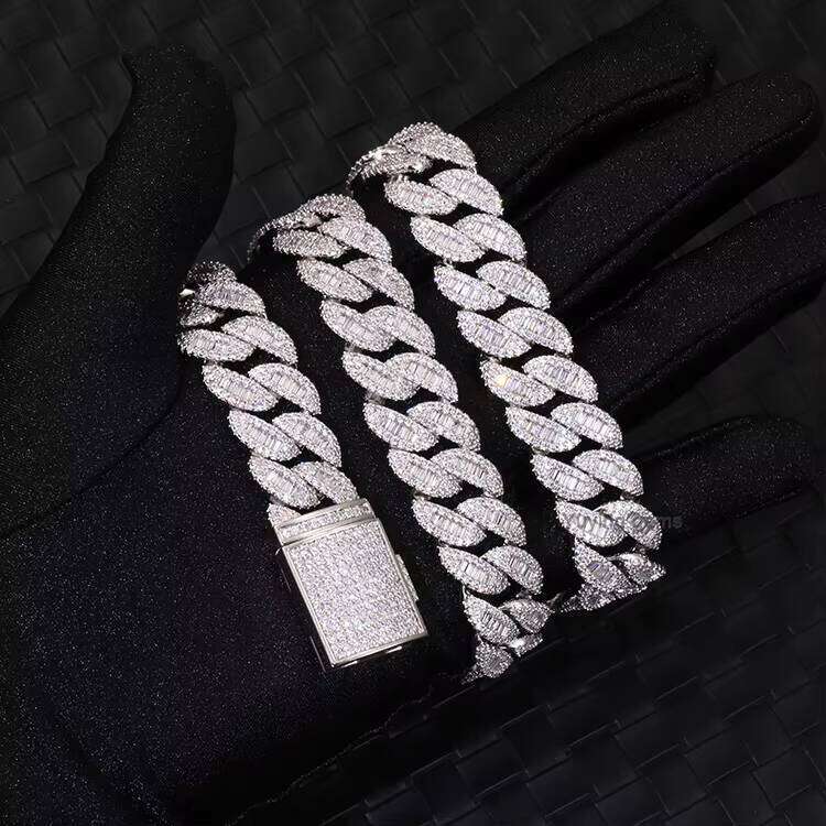 Hip Hop Iced Out Dia Necklace Gold Plated Baguette VVS Moissanite Cuban Link Chain for Men