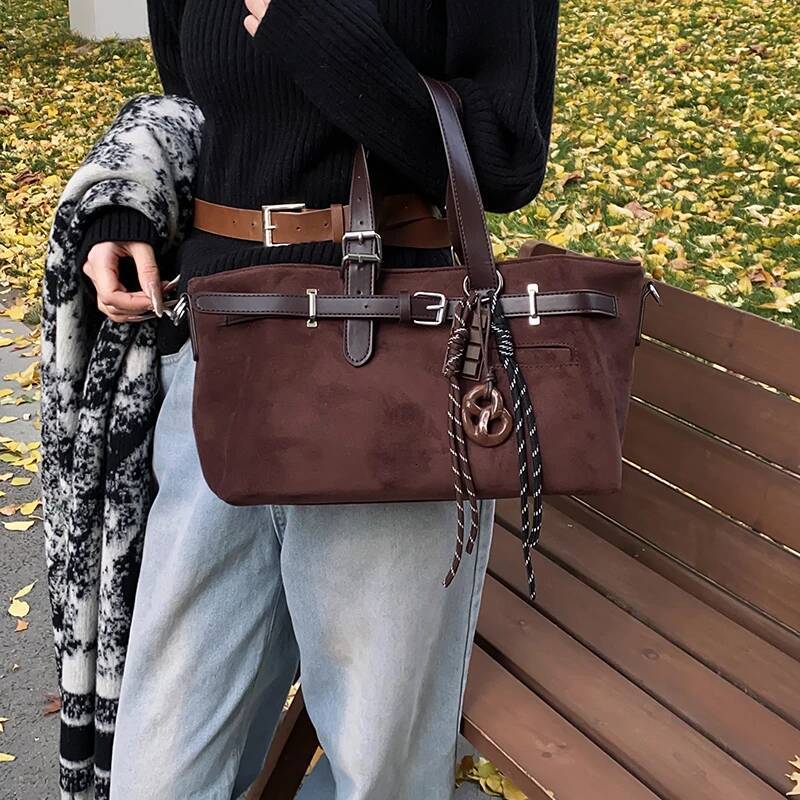 Belt Buckle Design Top-handle Bags For Women Soft Suede Large Capacity Shoulder Cross Body Bag 2024 Winter New Designer Handbags