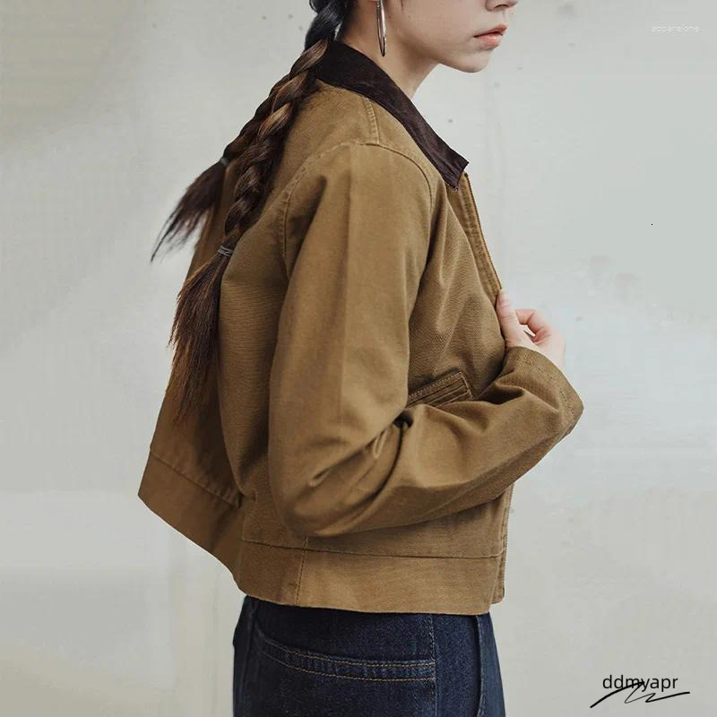 Bomber Ladies Women's Khaki Canvas Workwear Jacket With Turn-Down Collar ddmyday - Slim Fit Lightweight Spring Autumn Coat ddmyday ddmyday ddmyda