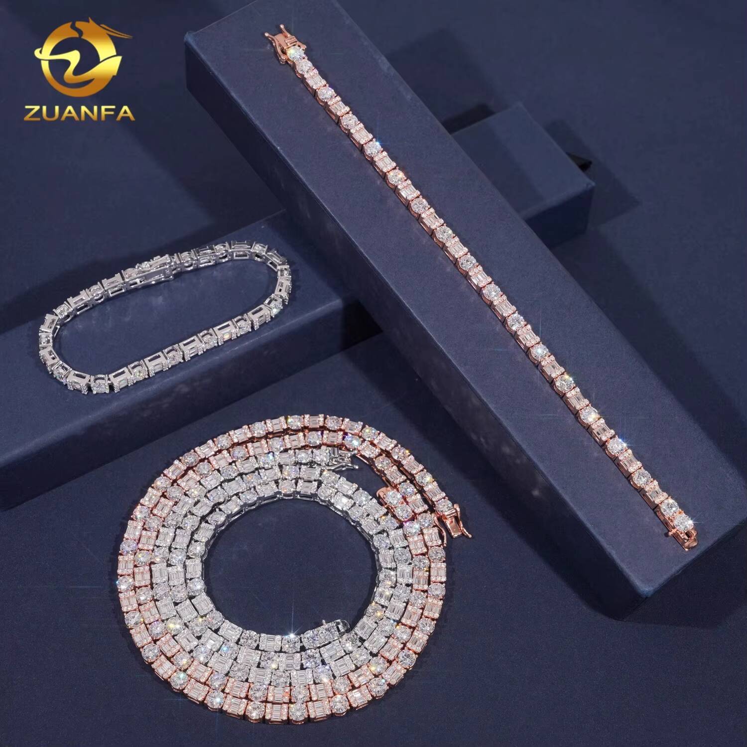High Quality New Design Hip Hop 925 Silver Baguette 5mm GRA Certified VVS Moissanite Tennis Chain Necklace