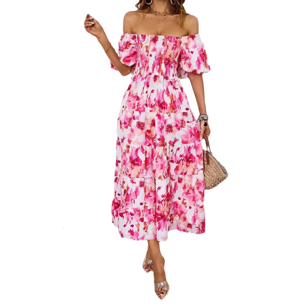 Summer New Elegant OffShoulder Printed Puff Sleeve Dress for Women