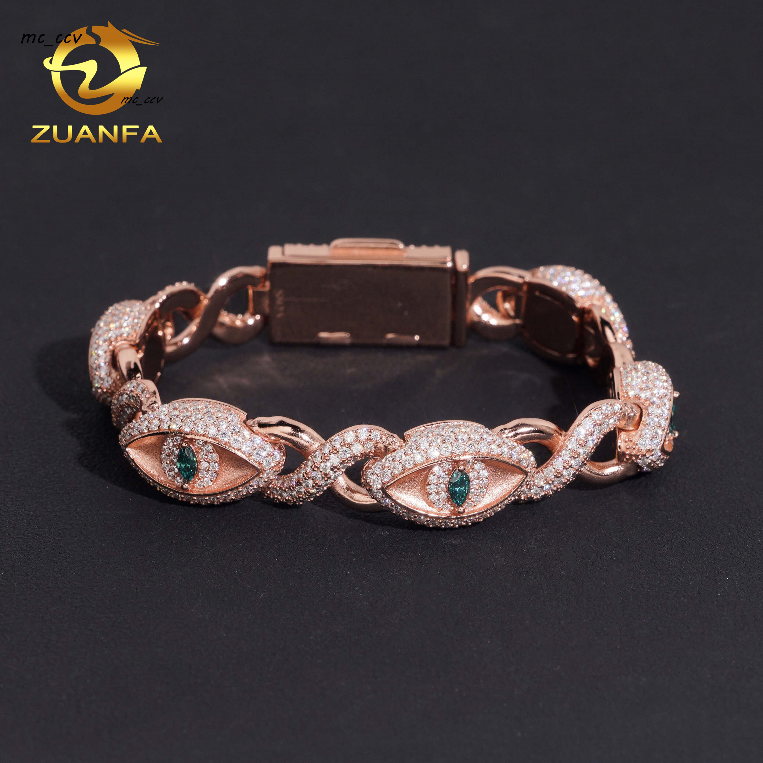 Hip Hop Jewelry 12mm Eyes Shape VVS Moissanite Cuban Link Bracelet 925 Silver Moissanite Iced Out Bracelet for Men