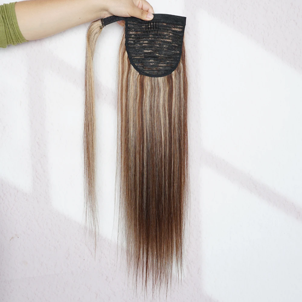 Ponytail Human Hair Straight 120g Extensions Remy Hair 12-24inch Ombre Brown Ponytail for Women