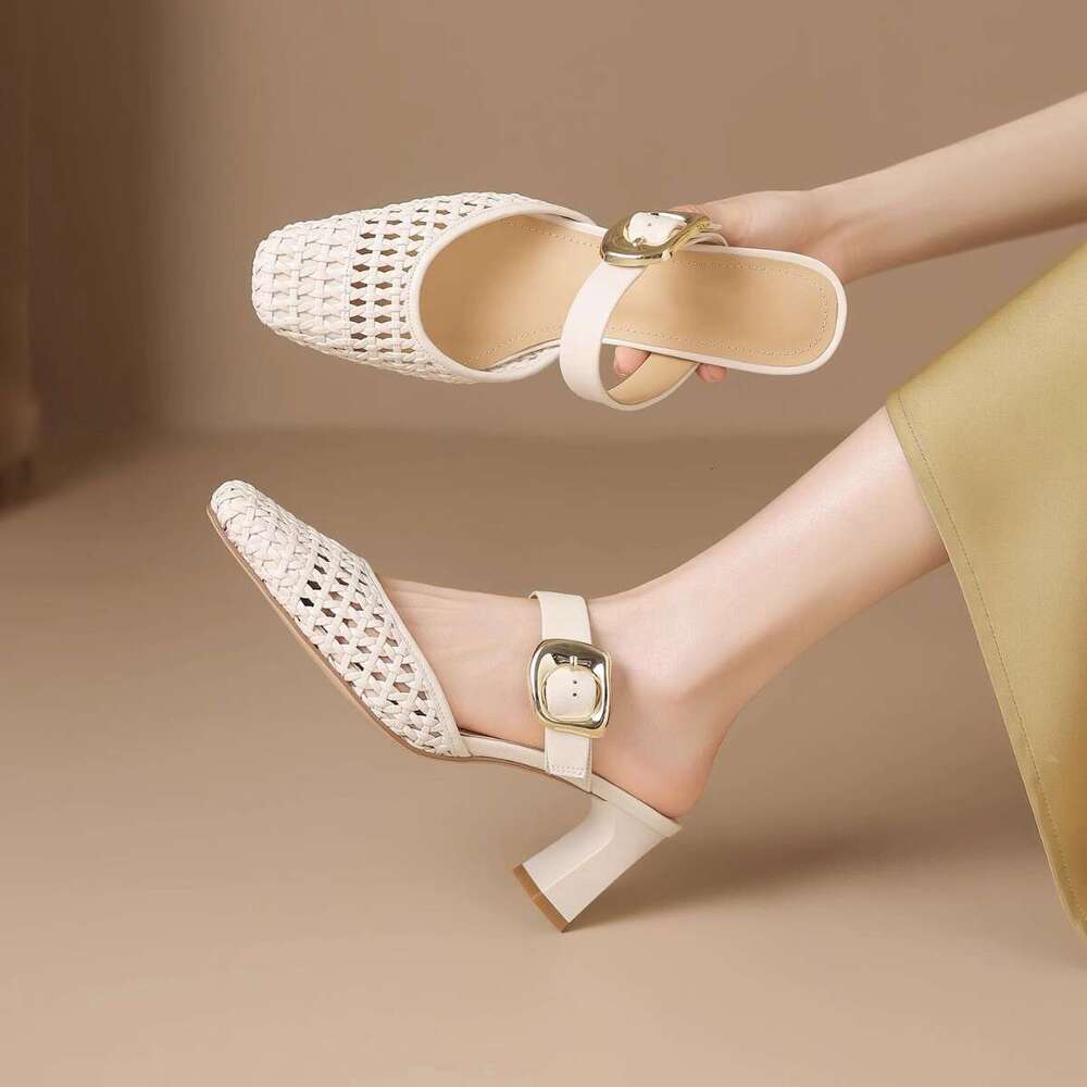 Women's Summer Outdoor Slippers 025 New Woven Sheepskin Squ High Heels Thick Heel Hole Closed Toe Sandals