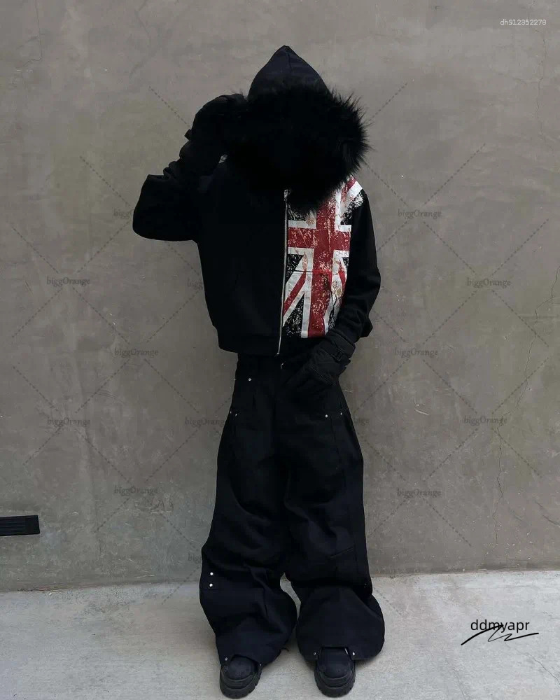 Men's Hoodies Black Printed National Fur Collar Oversized Hoodie Men Street Retro Clothing High ddmyday Trendy Brand Zipper Sweatshirt ddmyday