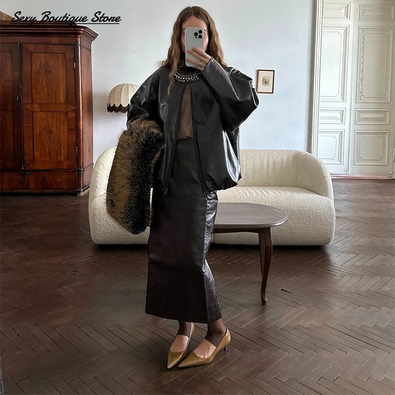 Pu Leather Jacket Skirt Sets Stand Collar Loose Coat Low Waist Solid Long Autumn Coats Lady Outfits 250905