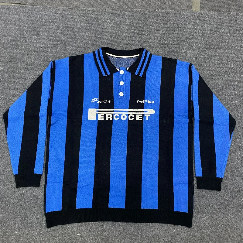 Double tone polo collar sweater with ed letters vintage pullover for men loose striped top winter 250905