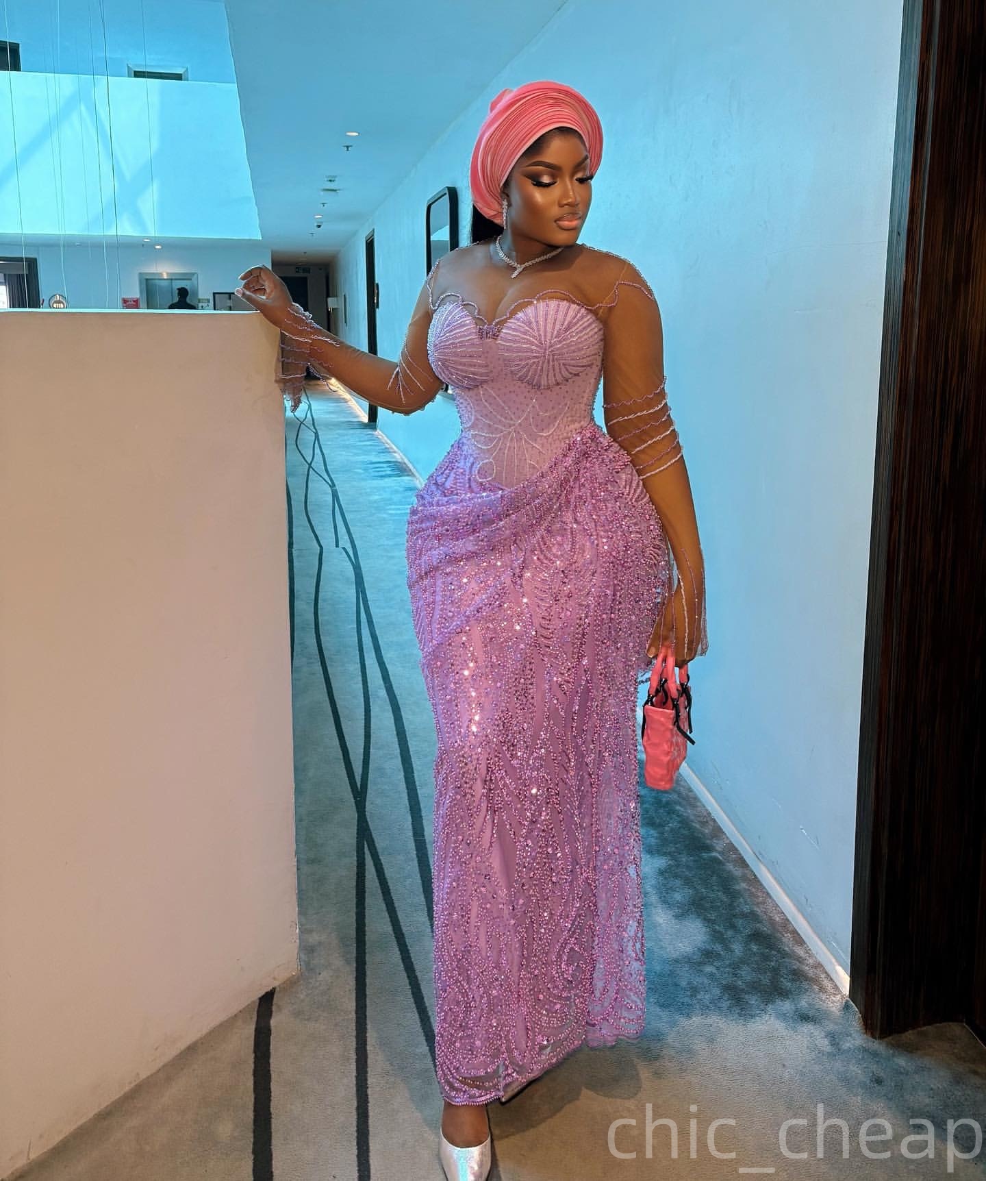 Aso Ebi Lilac Sheath Prom Dresses 2025 Beaded Sequined Sheer Neck African Evening Formal Party Second Birthday Engagement Dress Gowns robe de mariee