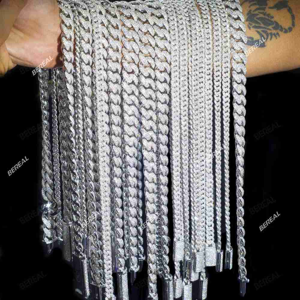 Wholesale Factory Moissanite Cuban Link Chain Necklace Bracelet VVS Diamond 925 Silver Hip Hop Custom for Women