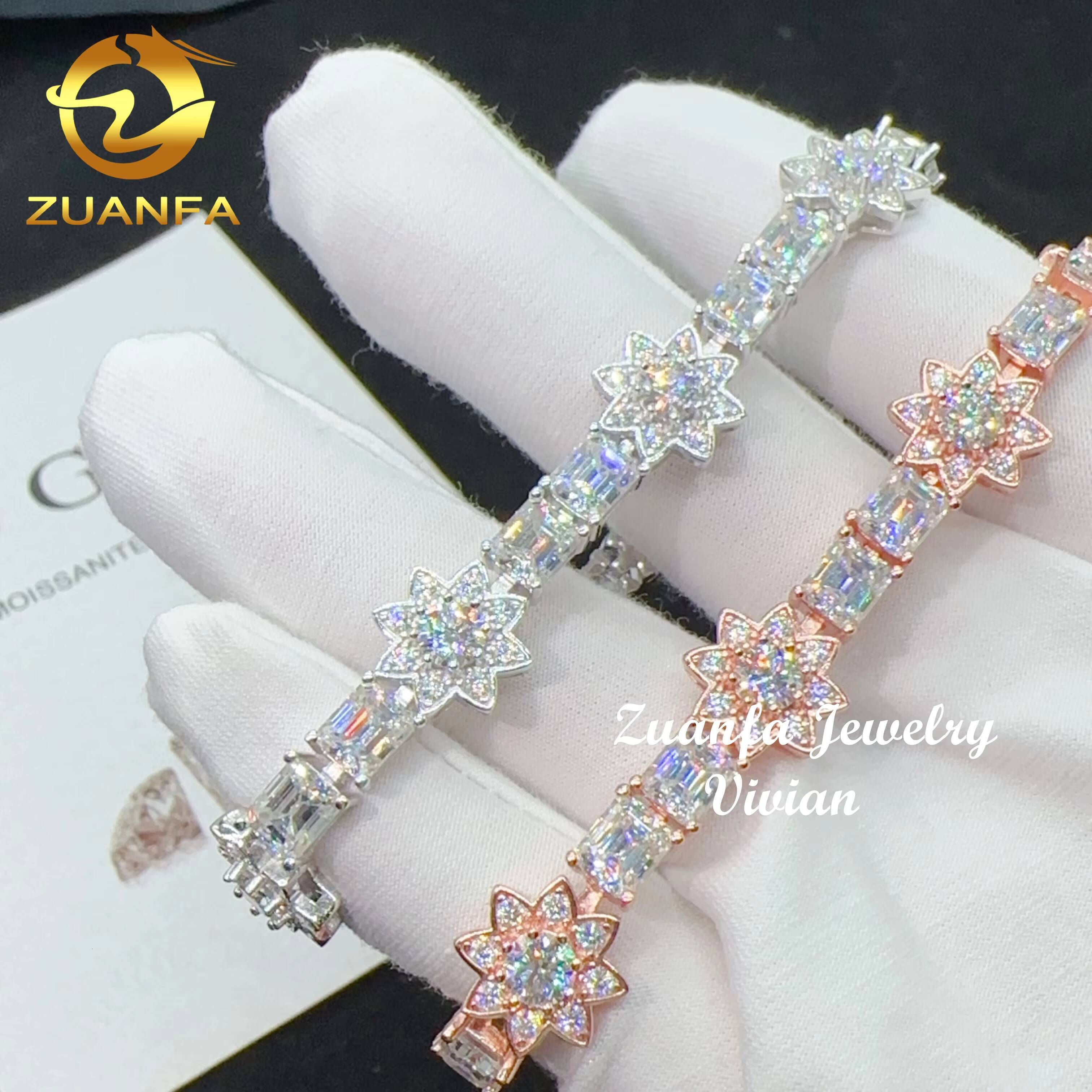 Emerald Cut Lab Diamond Tennis Chain Silver 925 Vvs Moissanite Flower Bracelet Iced Out Hip Hop Jewelry Tennis Bracelet