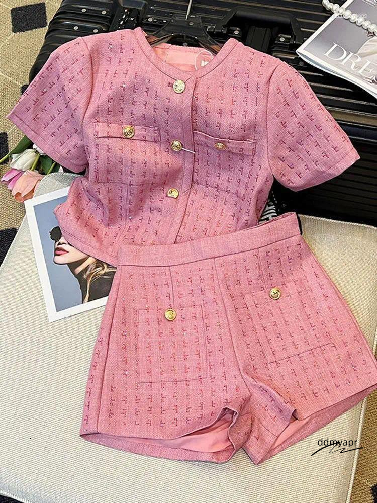 ddmyday Women's Two Piece Pants BAFU Summer Pink Tweed 2 Set Women Short Sleeve Jacket Wide Legs Shorts Suit Runway Celebrity Coat Clothes 003P