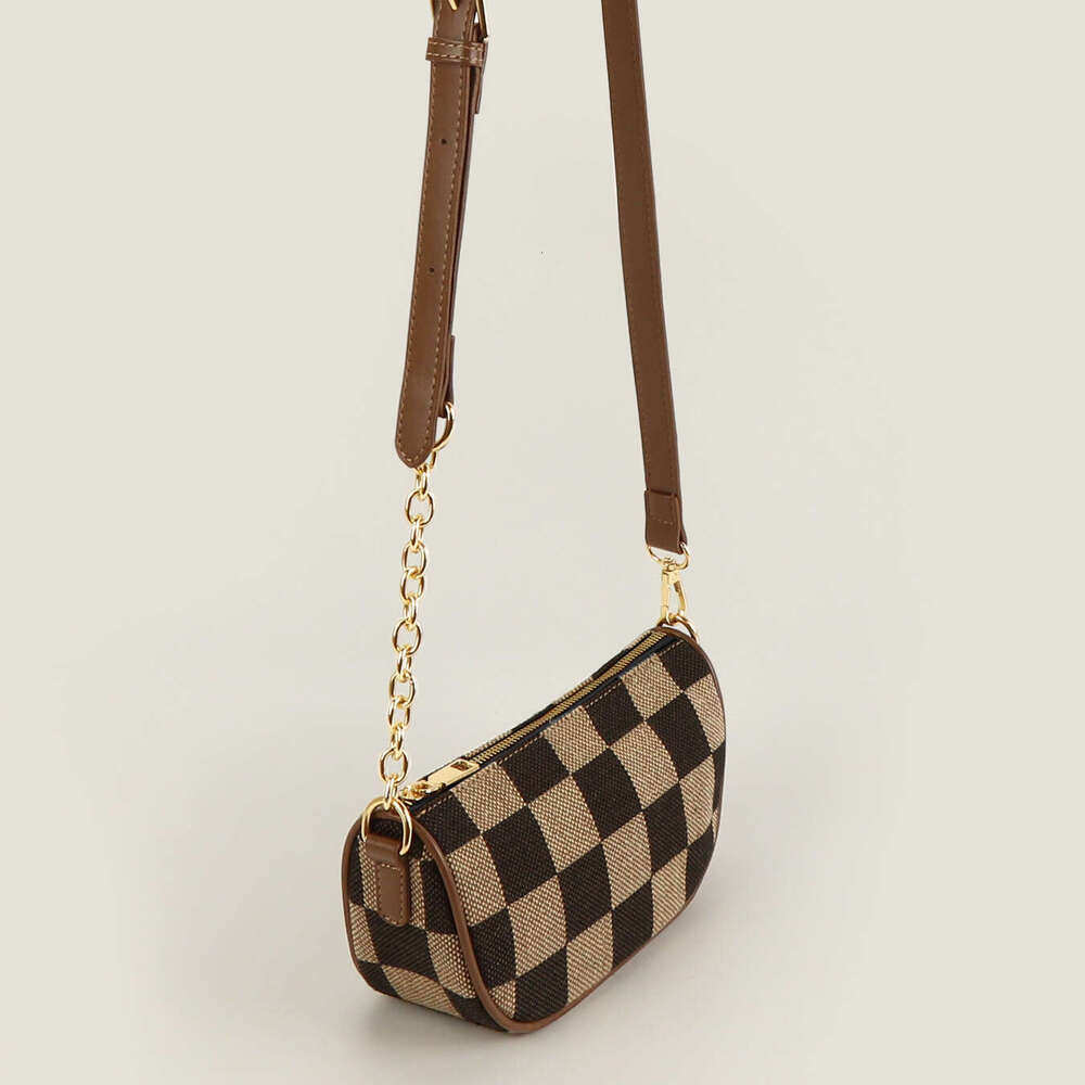 DHEssentials 2025 Checkerboard Chain Canvas Crossbody Bag XL Large Round Casual Travel Bag Brown Black Beige