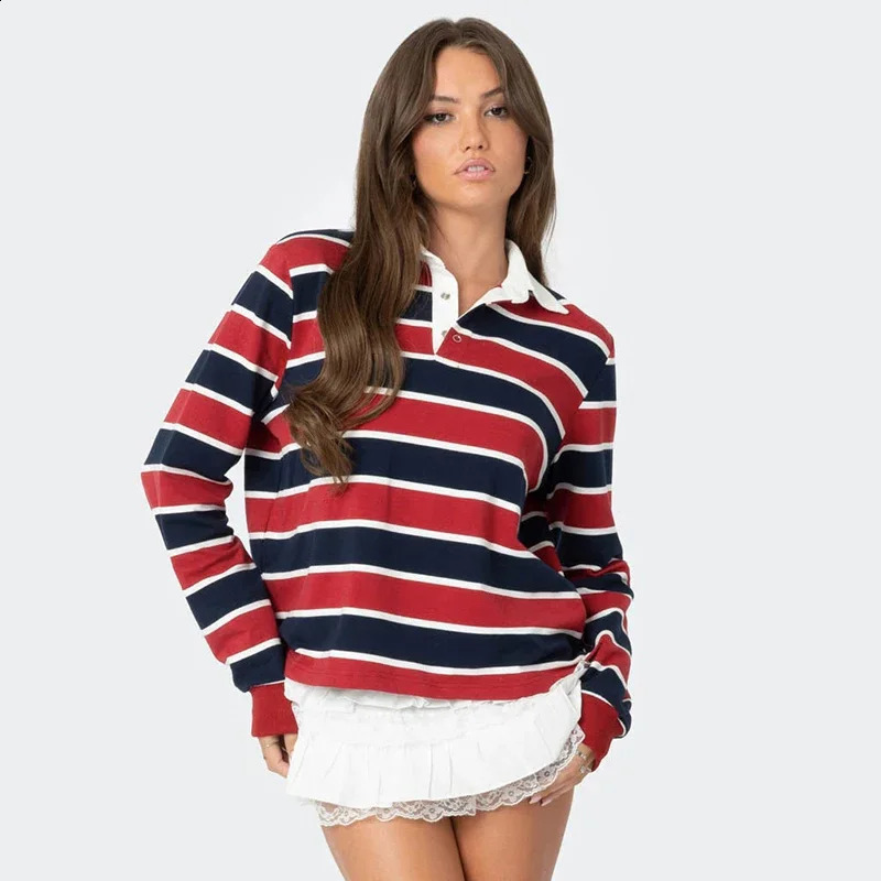 Autumn Striped Polo Shirt Womens Fashionable Long Sleeve Sportwear Harajuku Pullover Casual Wear Base 250905