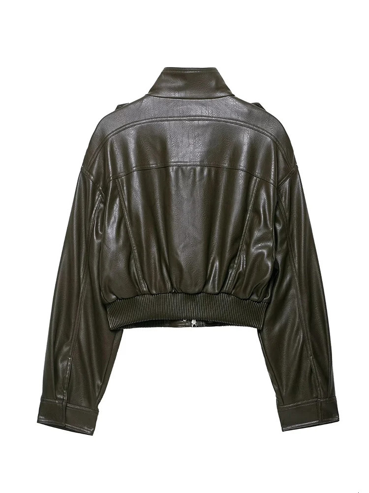 Women Faux PU Leather Short Jacket Casual Chic Stand Collar Slim Fit Cropped High Street Pocket Motorcycle Coat 250905