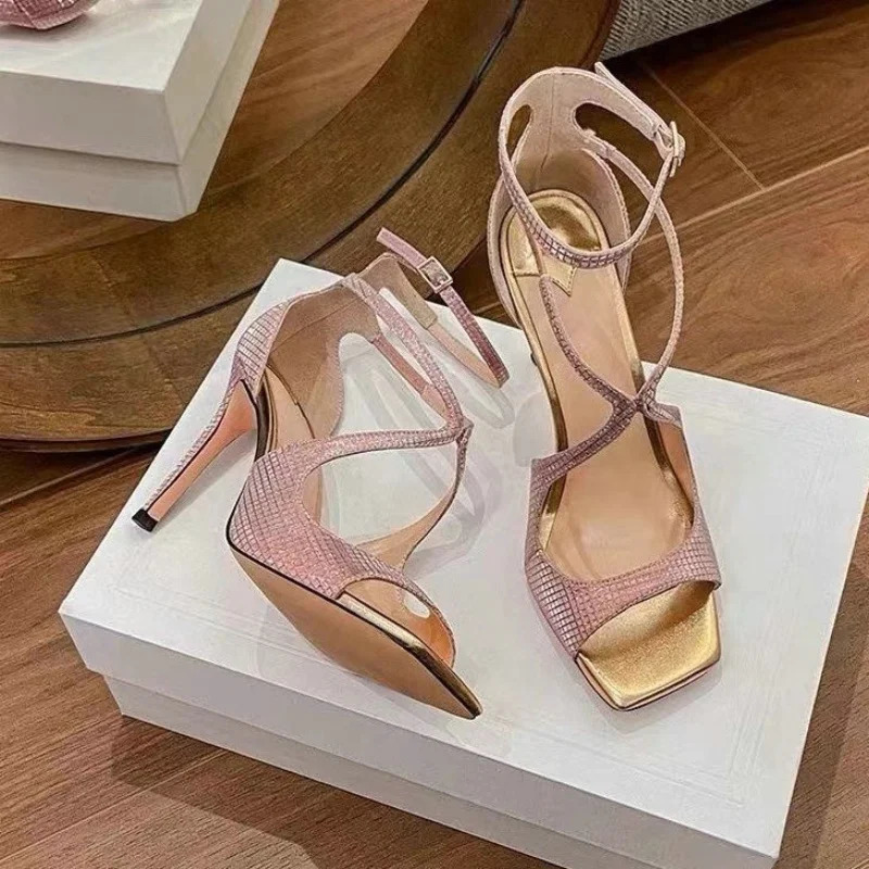 Summer Women Fish Mouth Gold Thin Heels Open Toe Sexy High A Line Buckle Square Head Sandals 250905