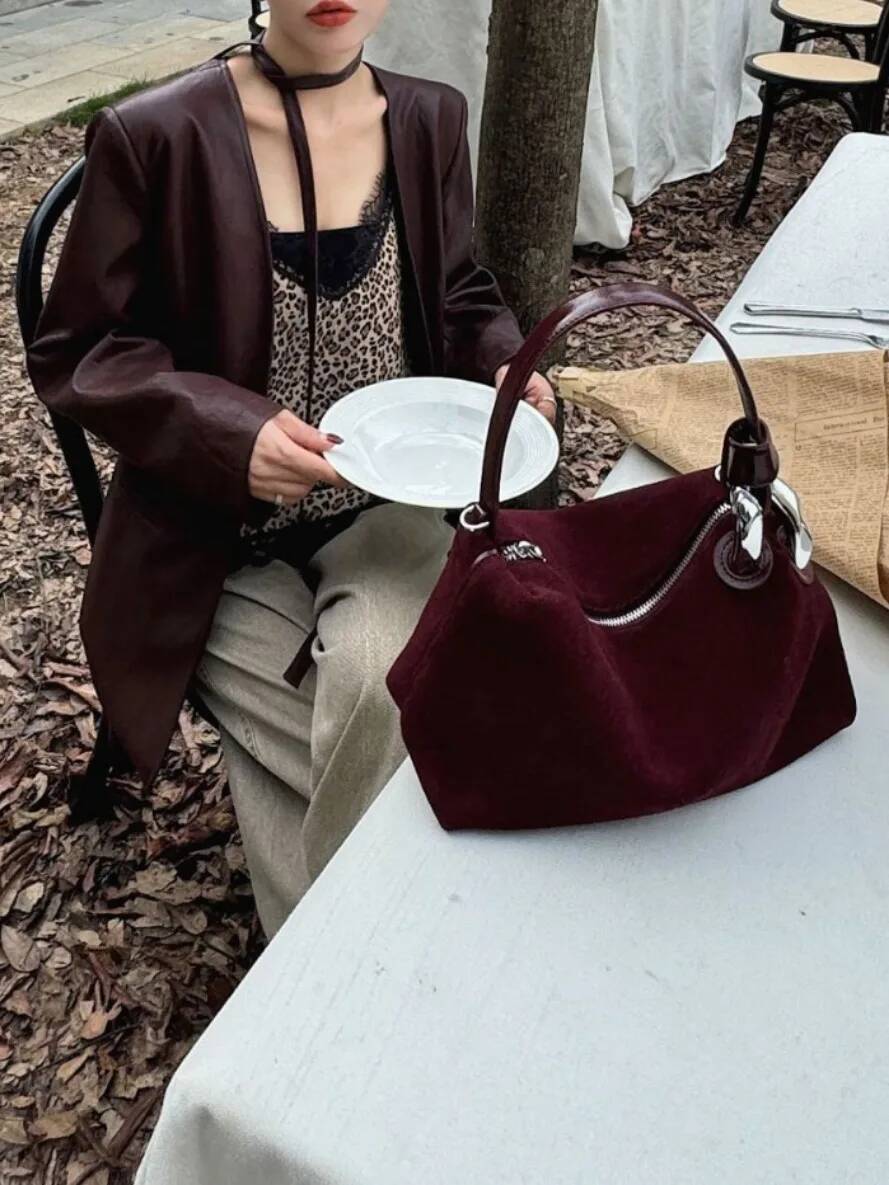 Women's genuine leather high-end nubuck suede handbag commuter shoulder crossbody bag niche design sense 2025 new