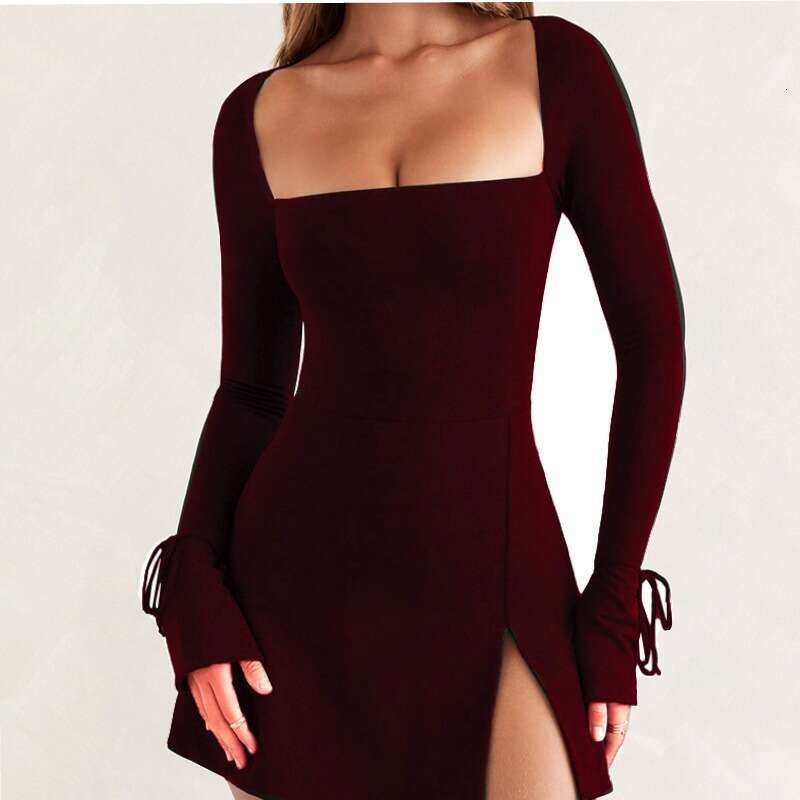 Women's INS Autumn Winter New Fashion U-Neck Long Sleeve Solid Color Slim High Waist Slit Dress