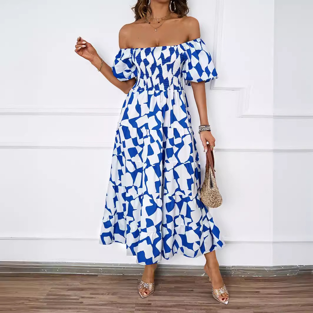 Summer New Elegant OffShoulder Printed Puff Sleeve Dress for Women