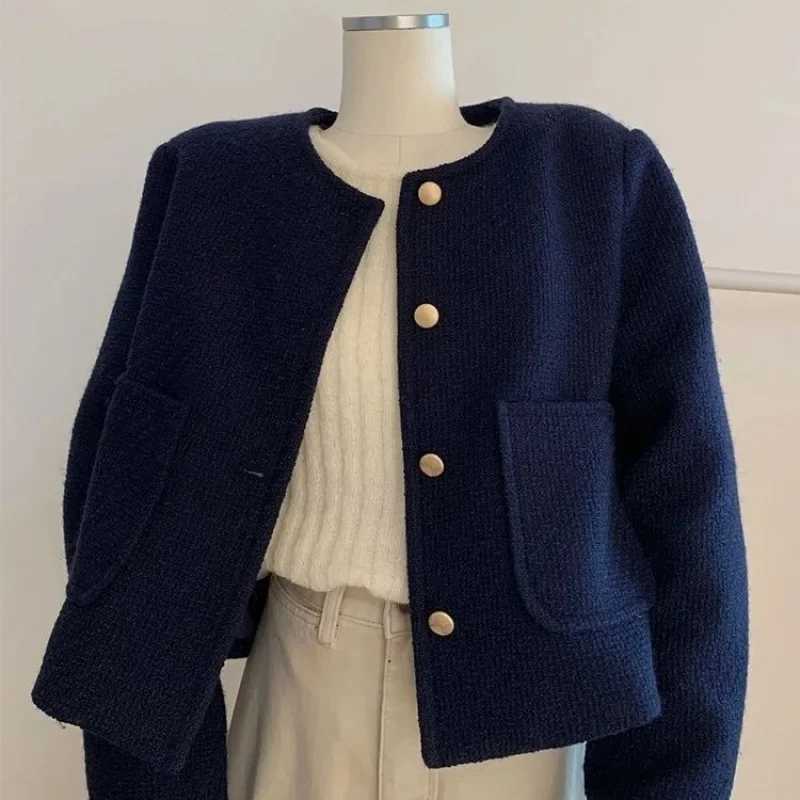 Vintage Style Purplish Blue Tweed Jacket Round Neck French Elegance Commuting Spring Autumn Trendy Fashion Outerwear Z250905