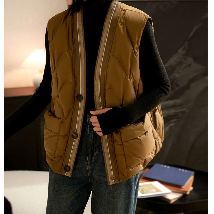 High-End White Melad Style Brown V-Neck Outerwear Inner Wear Duck Down Vest Jacket B5