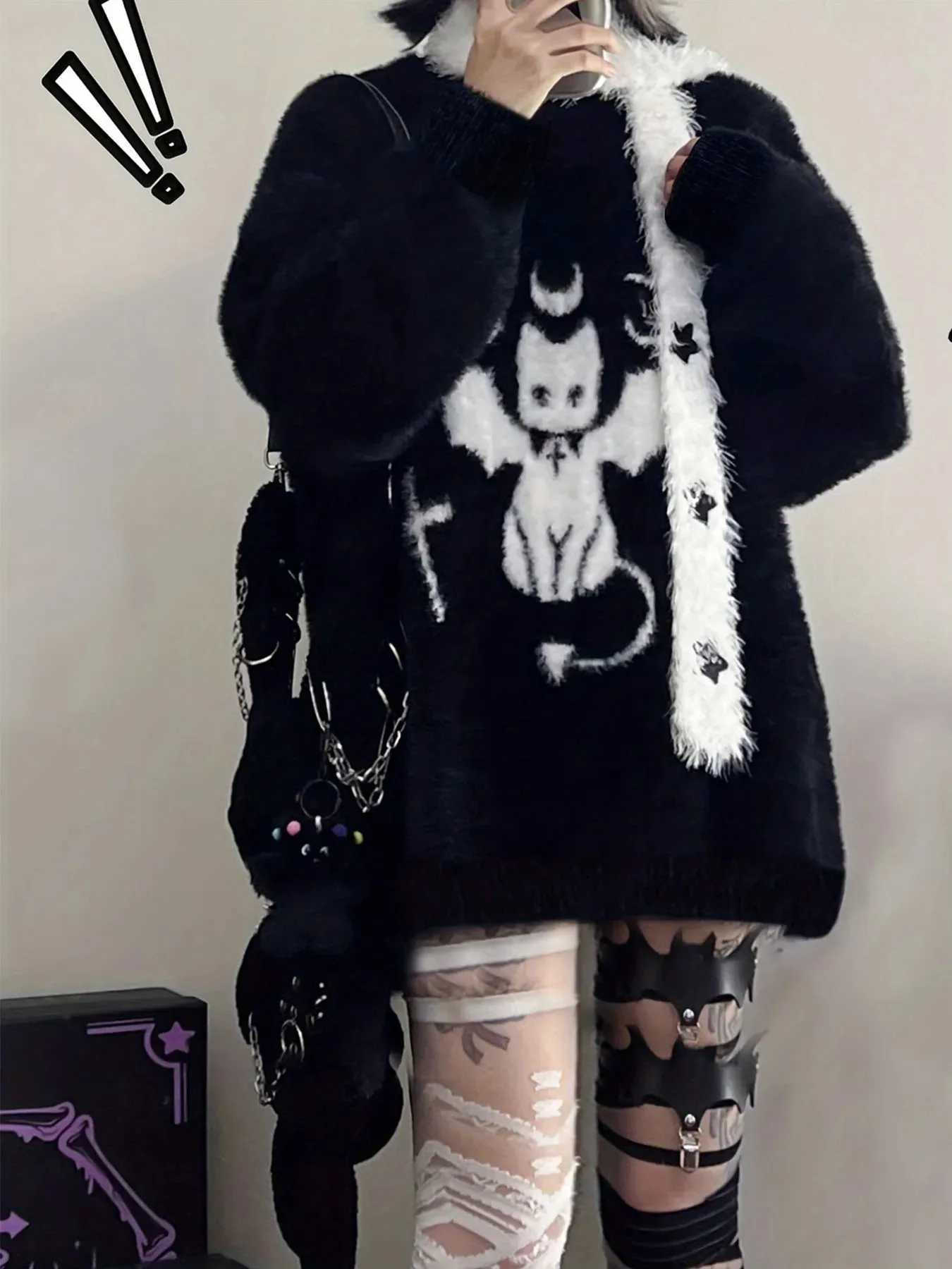 Harajuku Gothic Casual Oversized Knitted Jumpers Grunge Cartoon Sweater Fashion Knitwear Y2k Aesthetic Balack Loose Pullover Z250905