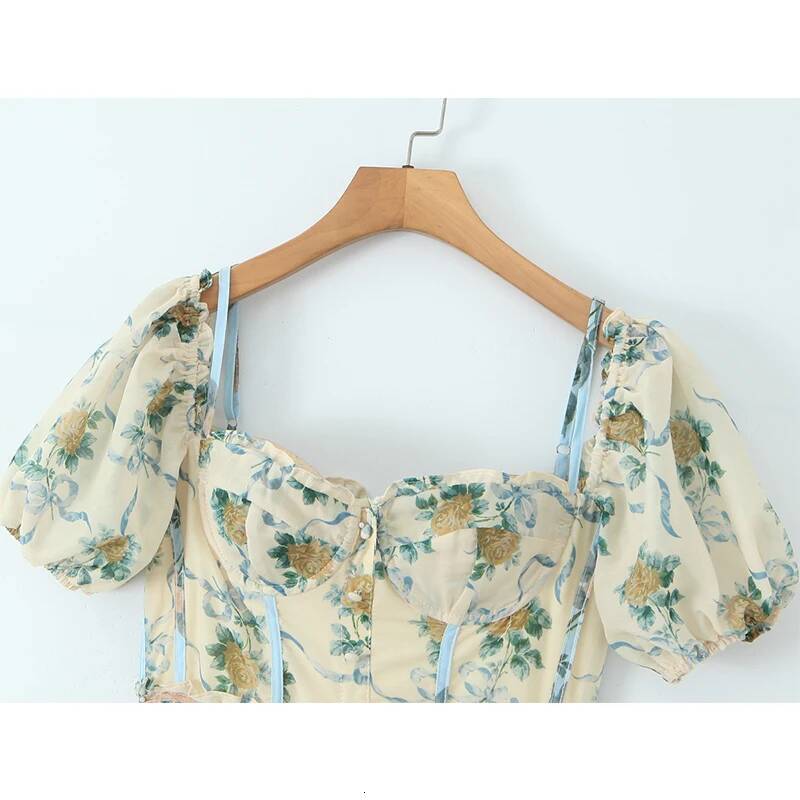 2025 design Decal Printed Bohemian Summer Dress Women's Retro Fluffy Sleeves A-line Midi Chiffon Dress Fashion Women's Vacation Robe Designe