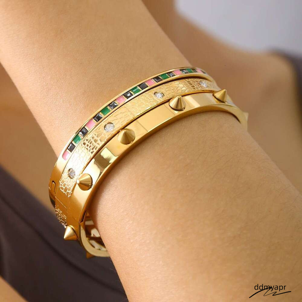 Dhcollections Gold Plated Geometric CZ Bracelet - Minimalist Stainless Steel Ddmydec Bangle For Women | Hypoallergenic Fashion Jewelry (58G) Ddmydec D