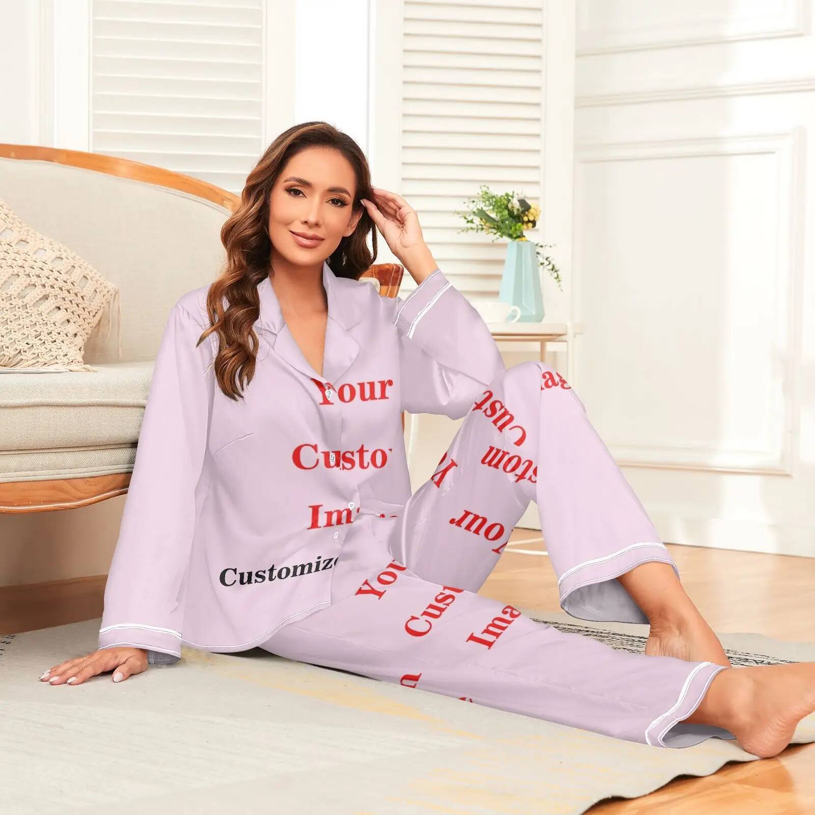 Women Ice Silky Pamas Sleepwear Nightclothes Customizing images Long Sleeved Shirt And Trousers Suitable For spring and summer