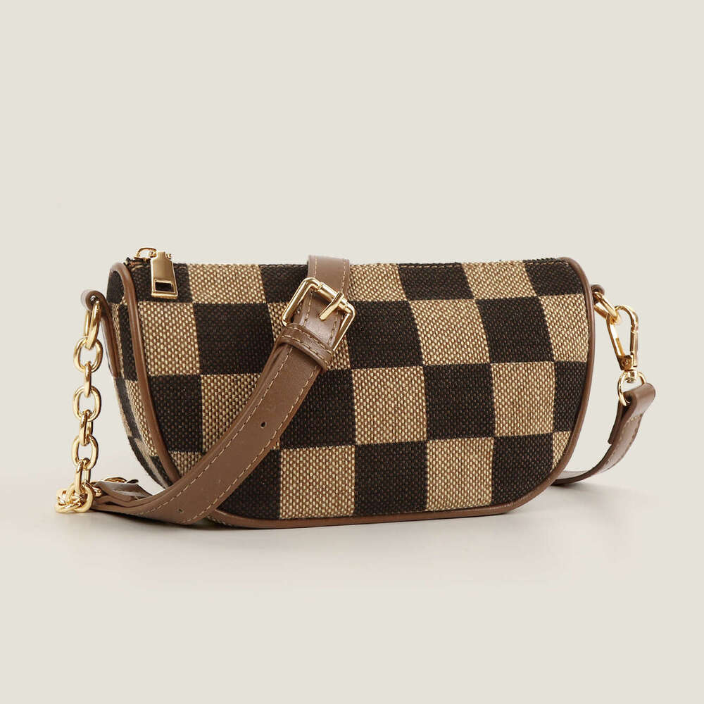 DHEssentials 2025 Checkerboard Chain Canvas Crossbody Bag XL Large Round Casual Travel Bag Brown Black Beige