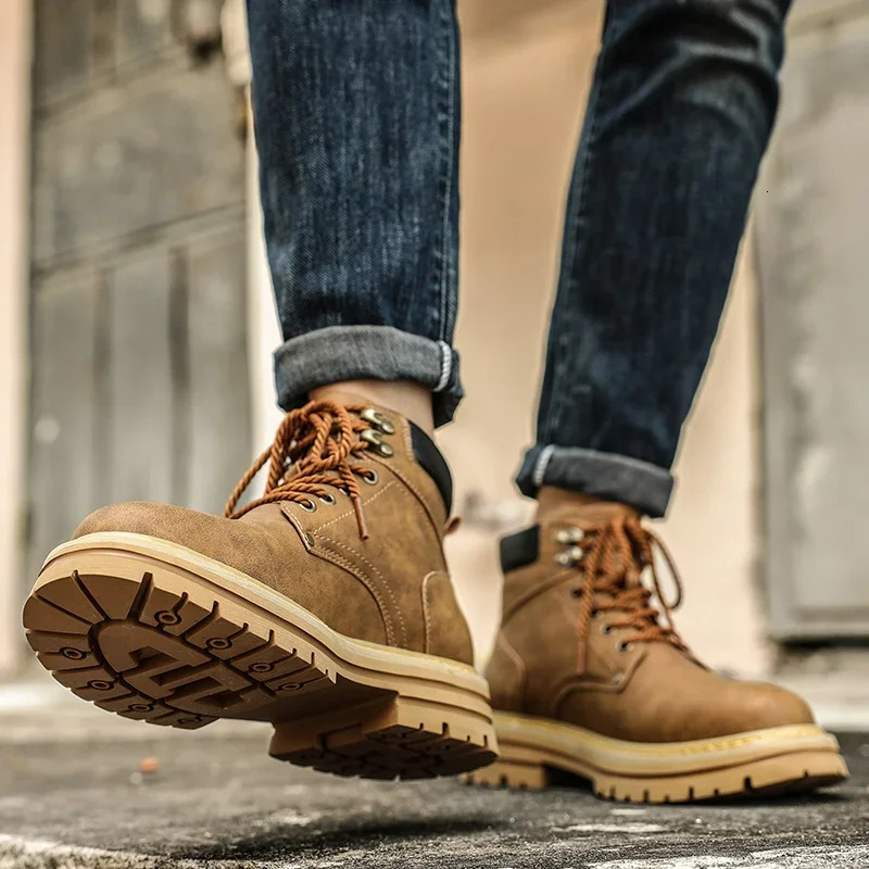 Men Ankle Boots Platform Leather 2025 Fashion Brown Laceup Boot High Top Comfortable Casual Shoes Nonslip Work 250905