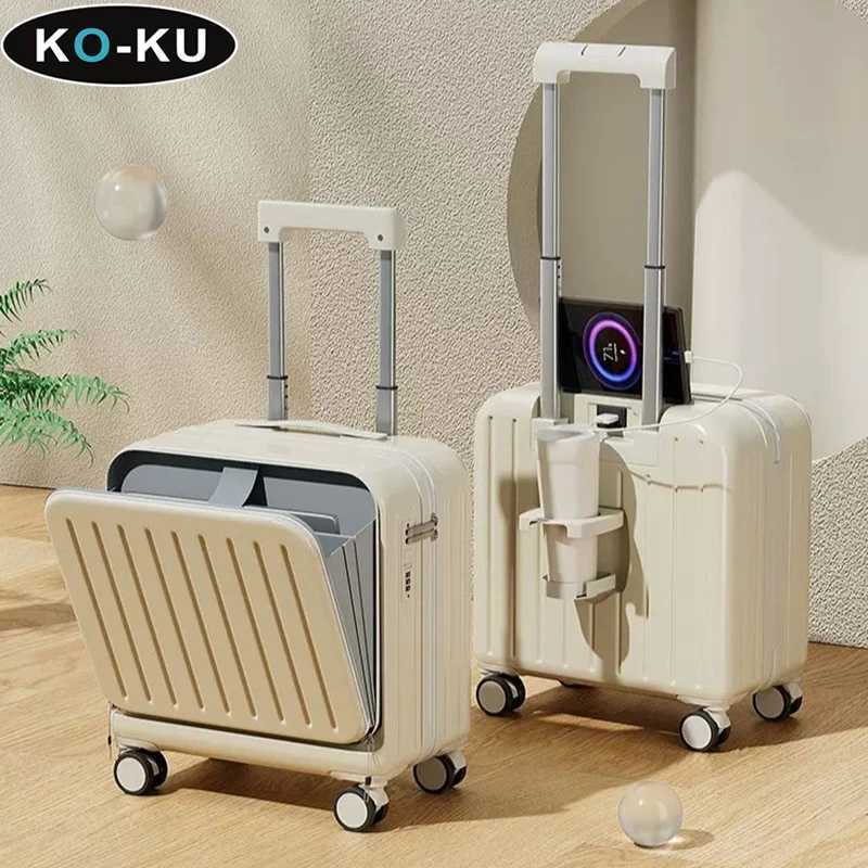 KOKU Carryon Suitcase Front Opening 18 Inch Boarding Box Cup Holder USB Interface Trolley Case Password Luggage 20 inch Z250905