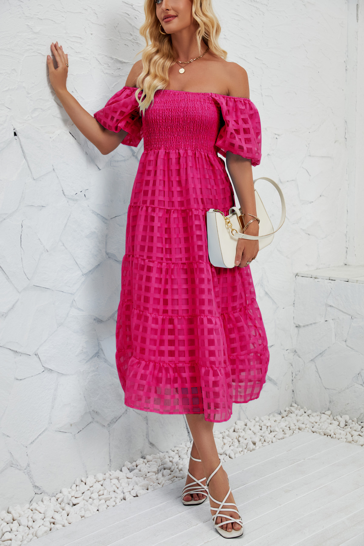 Summer Long Dress with Puff Short Sleeves Flowy Layered Beach ALine Dress with Lining for Women