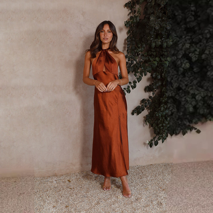 2025 Spring Summer New Womens Fashion Sexy WaistCinching Halter Neck Slit Long Satin Sleeveless Dress