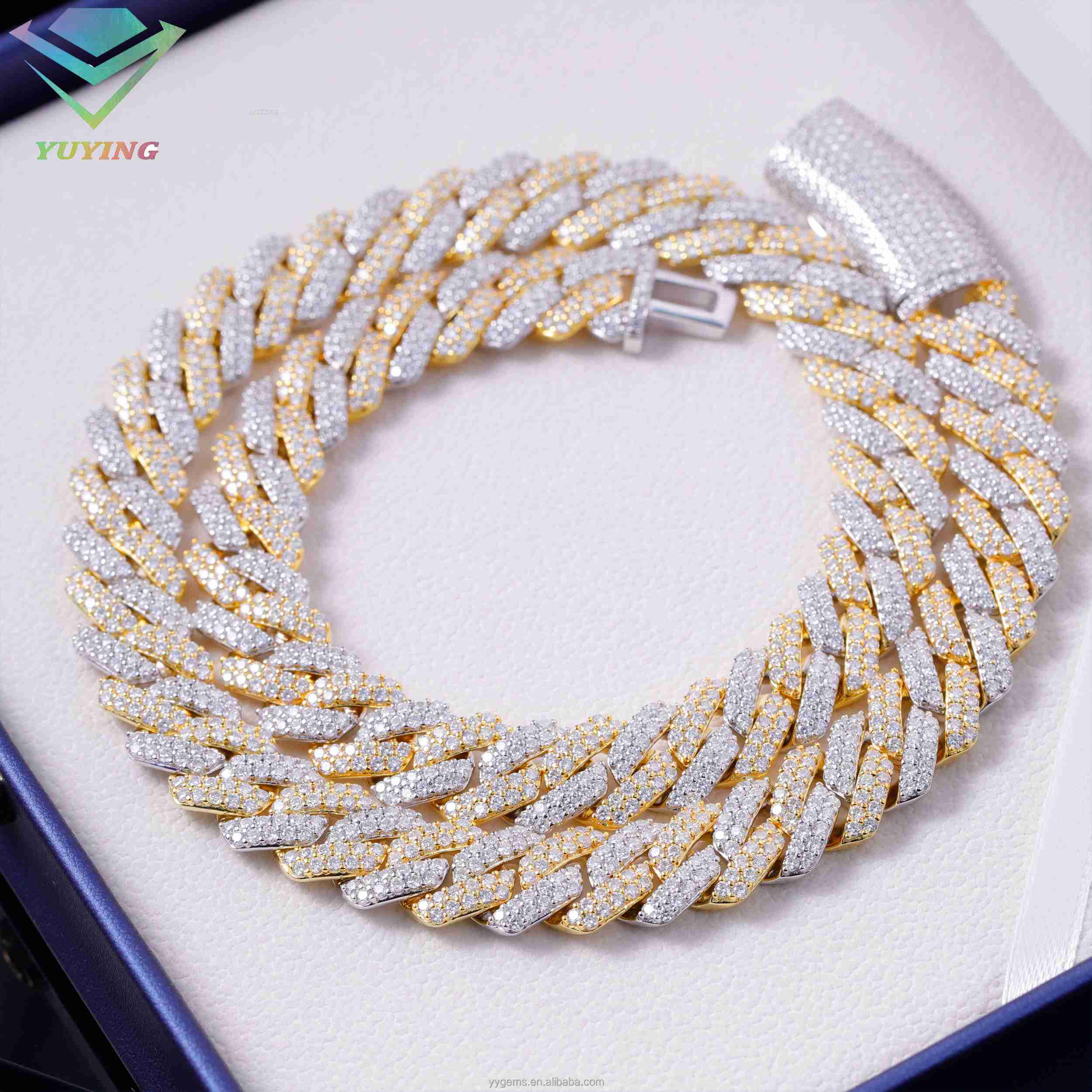 Factory Direct Price 14mm Iced Out 925 Silver Two Rows Iced Out Hip Hop VVS Moissanite Diamond Cuban Link Chain