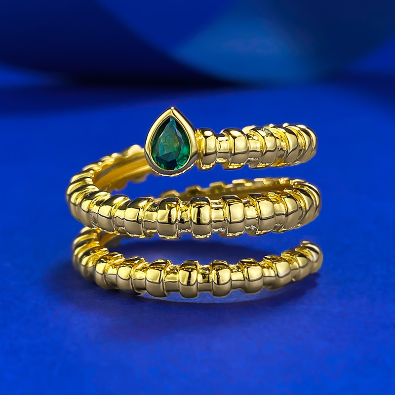 Zhuozhifan Jewelry New S Pure Silver Gold Plated 3*4mm Simulated Emerald Snake Shape Zircon Women Brushed Ring