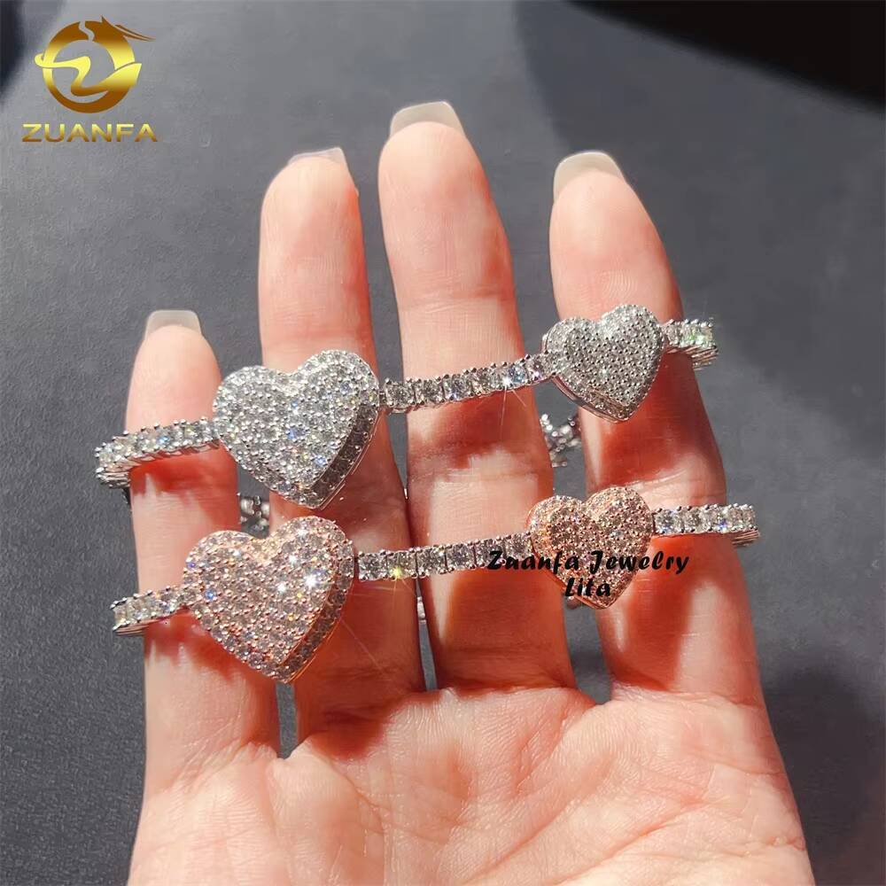 Hip Hop New Fashion Heart Two Tone 3MM Diamond 925 Sterling Silver Moissanite Tennis Chain Bracelet