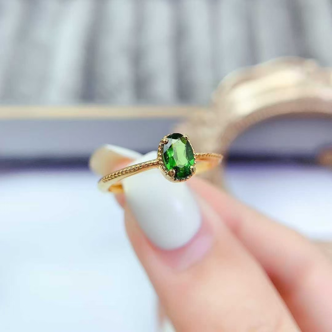 Simple 925 silver ring natural chrome diopside ring with certificate 18K gold plated sterling silver diopside jewelry
