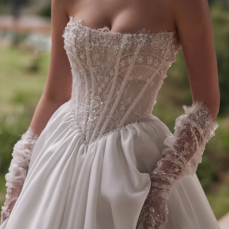 Simple A Line Wedding Dresses For Women Sequins Lace Pearls Bridal Gown Sleeveless Lace Up Sweep Train Dress Vestido De Novia